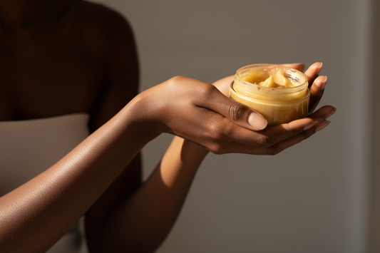 A woman with naturally glowing, radiant skin, holding a jar of unrefined shea butter as her secret for a natural body glow.