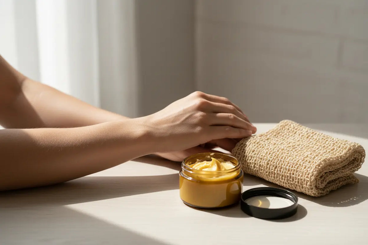 The 2-step routine with an African Net Sponge and shea butter, shown next to smooth legs, to prevent razor bumps.