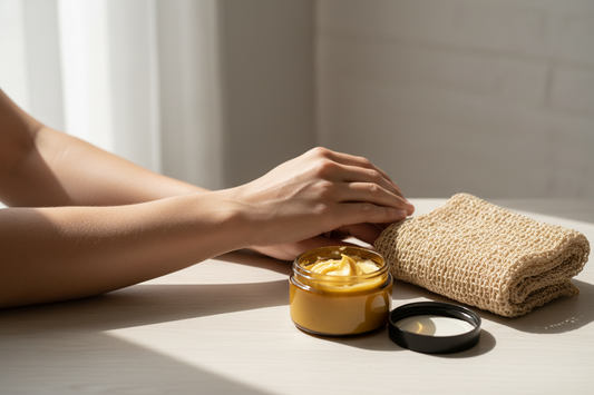 The 2-step routine with an African Net Sponge and shea butter, shown next to smooth legs, to prevent razor bumps.