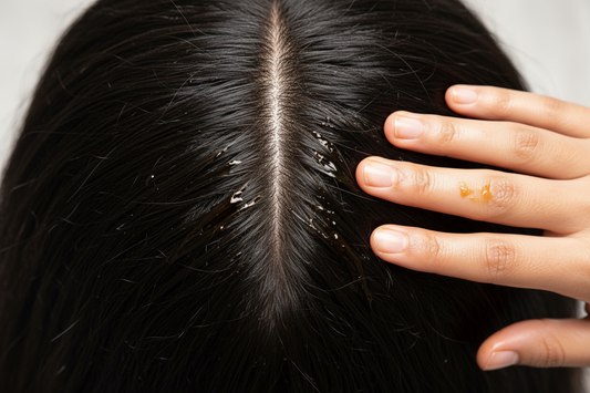 An adult massaging 100% pure Batana oil into their scalp to help with thinning hair and improve density.