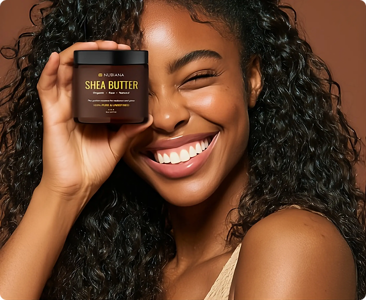 A woman with glowing, even-toned melanin-rich skin, with shea butter in the foreground, representing a natural remedy for hyperpigmentation
