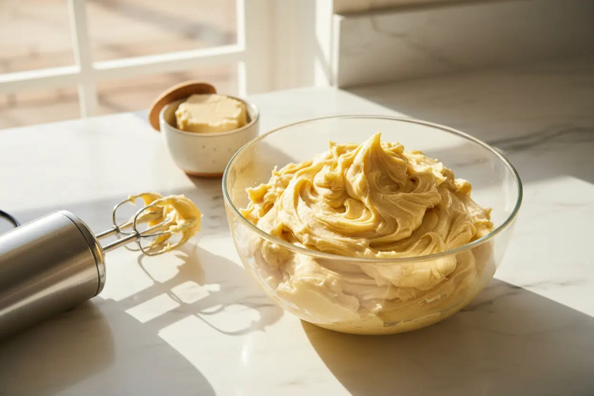 A glass bowl showing exactly how to make shea butter whipped cream at home without water